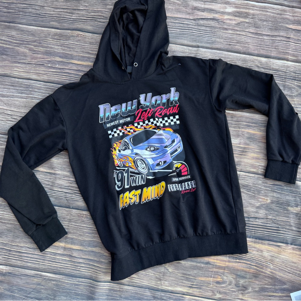 Romwe New York Graphic Hoodie Black Pullover Racing Car Print Unisex Size Large